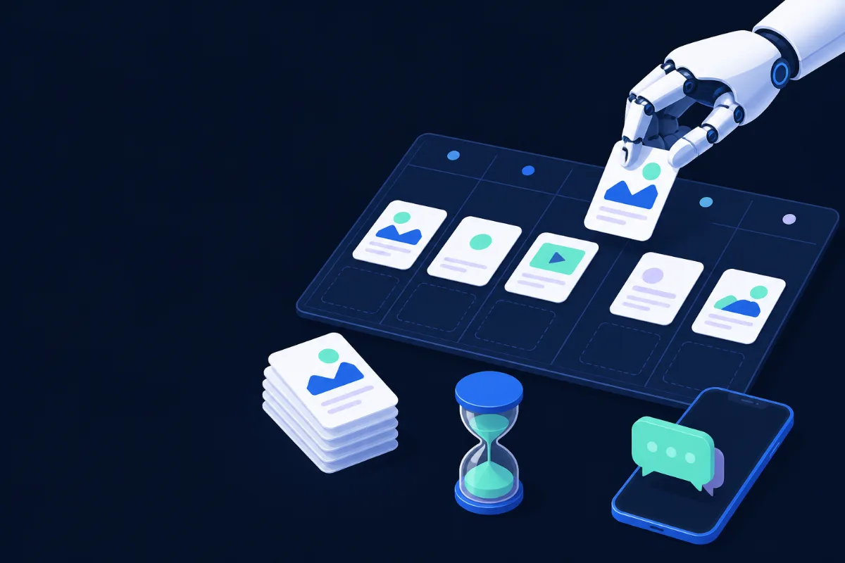 Рука робота раскладывает карточки постов по сетке недели, рядом стопка черновиков, песочные часы и телефон